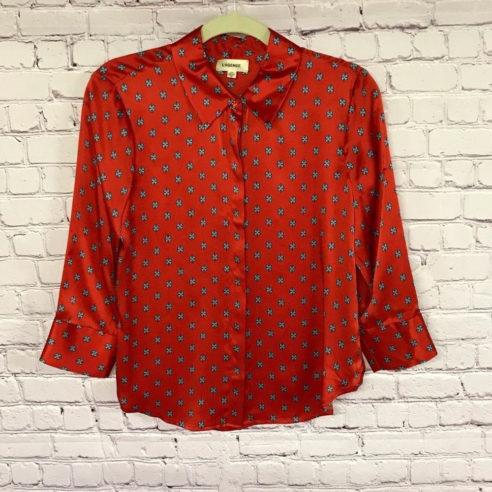 L'AGENCE Royal Red Maestro Jil Silk Charmeuse Button Blouse 3/4 Sleeve Size SP